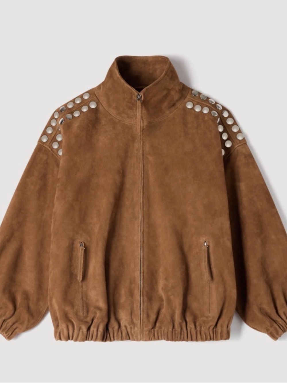SANDRO Brown Suede Zip-Up Jacket with Stud Detail SIZE 36 NWT